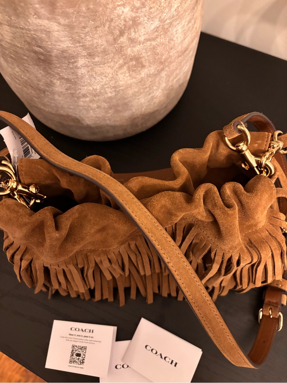 Authentic Faye Fringe Suede Shoulder Top Handle Crossbody Bag Cedar - Picture 6 of 12